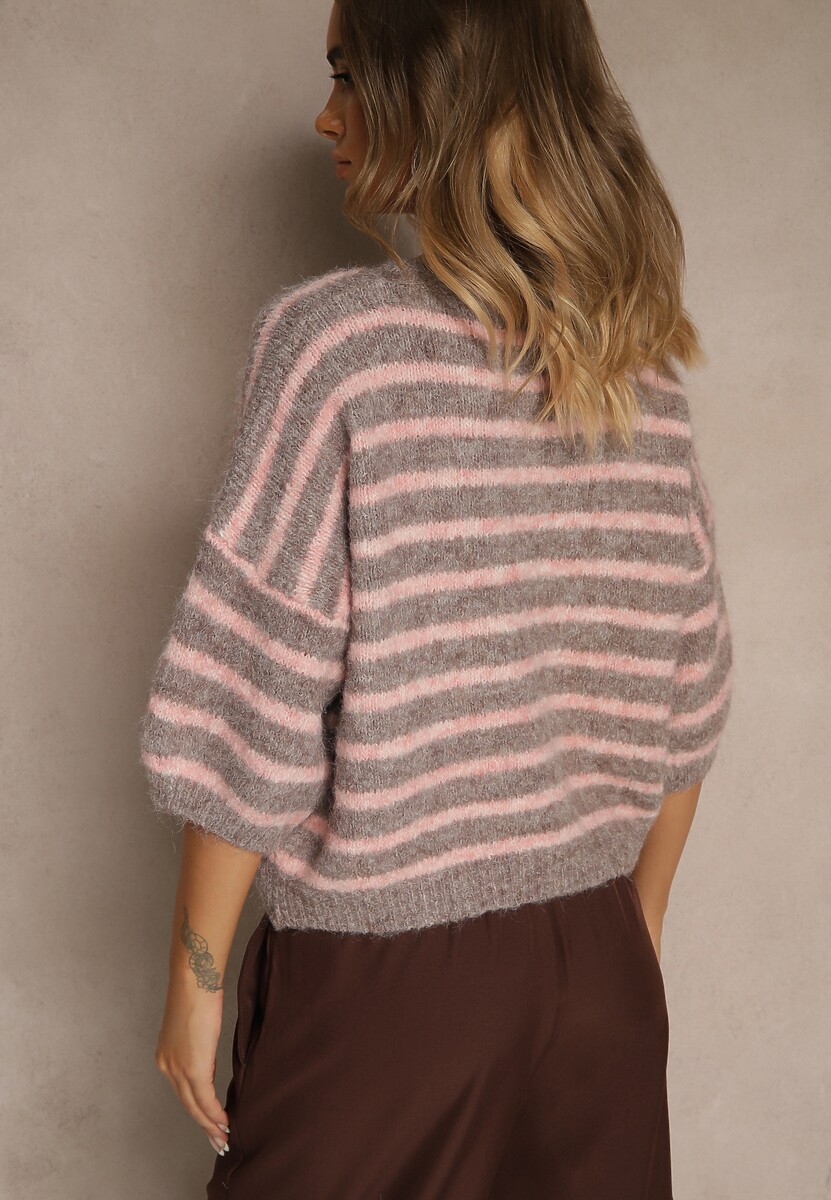 Brązowy Sweter z Wełną Ozdobiony Paskami i Bufiastymi Rękawami Rilesse