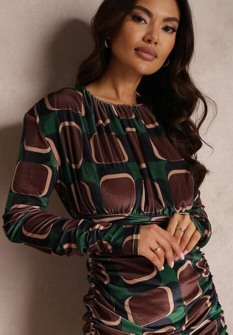 Brązowo-Zielona Sukienka z Drapowaniem w Geometryczny Wzór Biyo