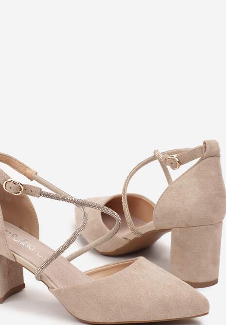 Jasnobeżowe Czółenka na Słupku z Paskami z Cyrkoniami i Szpiczastymi Noskami Jarise