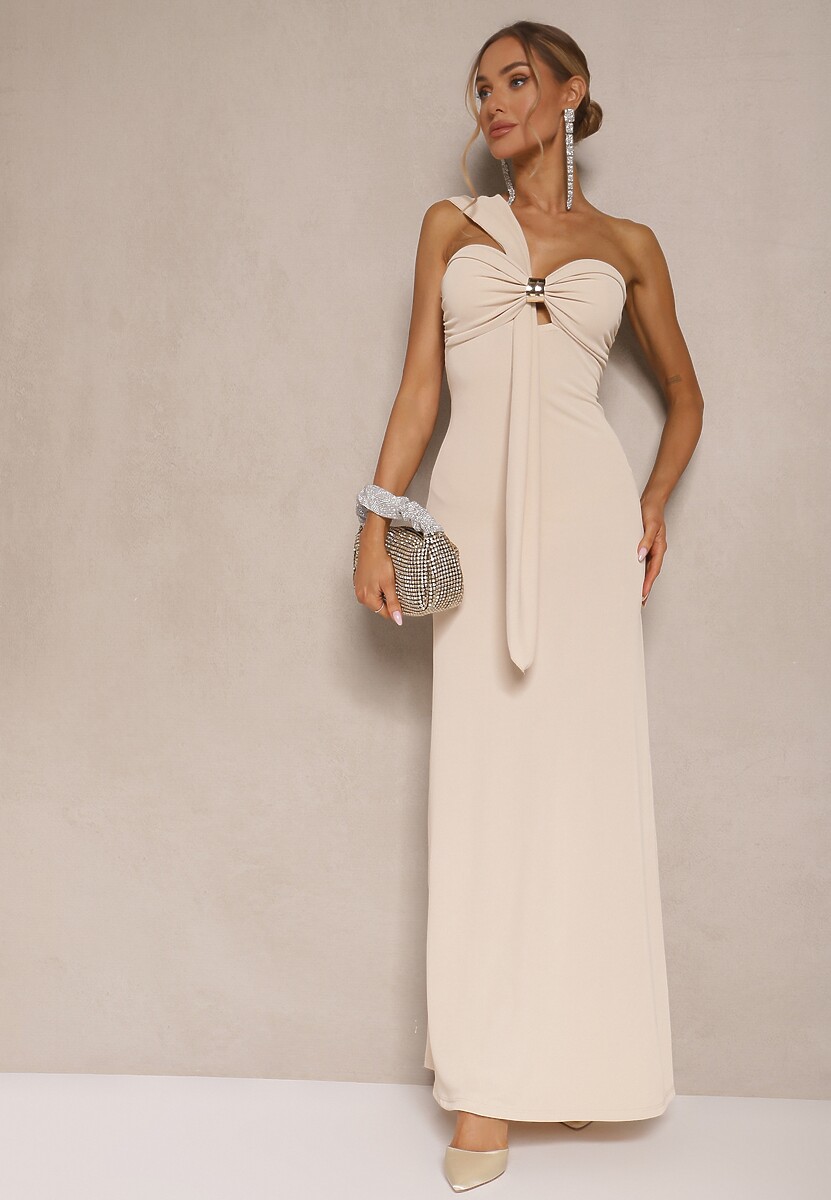Beżowa Asymetryczna Sukienka Koktajlowa Ozdobiona Metaliczną Aplikacją Divianis
