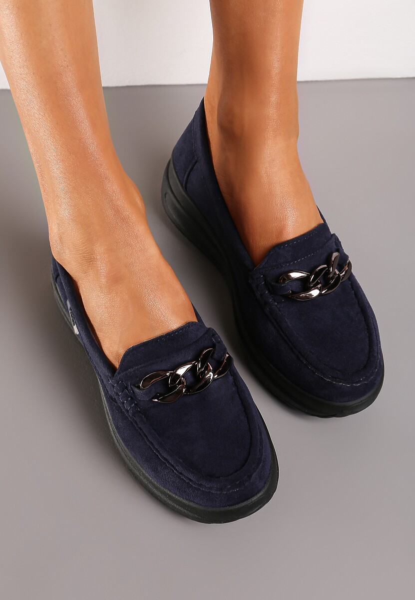 Granatowe Mokasyny z Łańcuszkiem na Wysokiej Platformie Iracana
