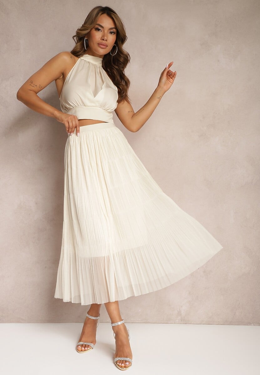 Jasnobeżowa Rozkloszowana Spódnica z Tiulu Wykończona Gumką w Pasie Risshara