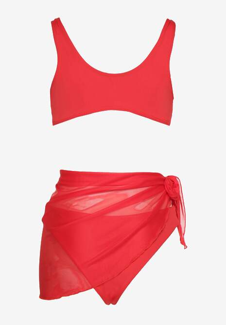 Czerwone Bikini Majtki Figi Biustonosz z Broszką Kwiatu 3D i Siateczkowe Pareo Folissa