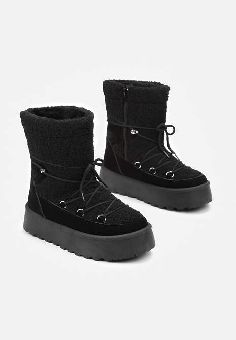 Czarne Futrzane Śniegowce na Platformie z Ozdobnym Wiązaniem Ebele