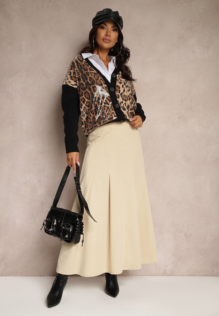 Beżowa Spódnica Długa Rozkloszowana High Waist Leoraia