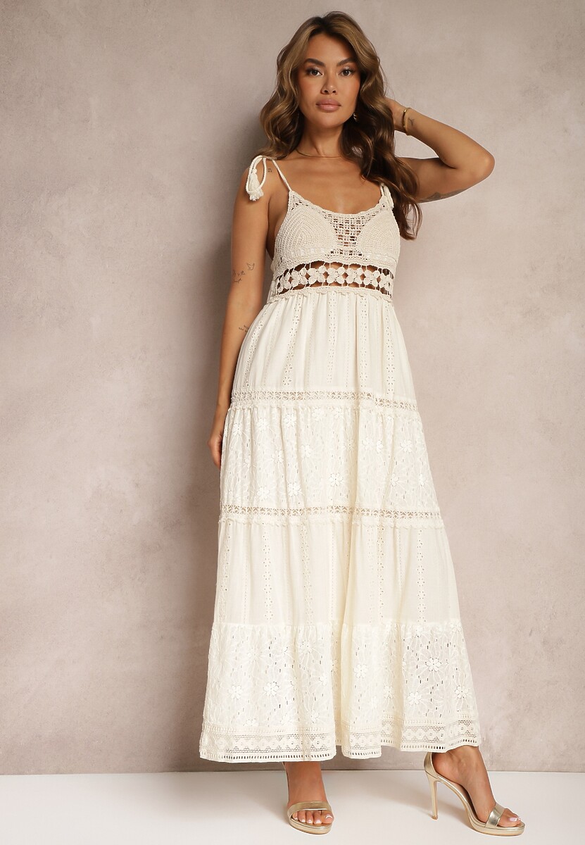 Beżowa Szydełkowa Sukienka Maxi z Ozdobnym Haftem i Falbanką Eshade