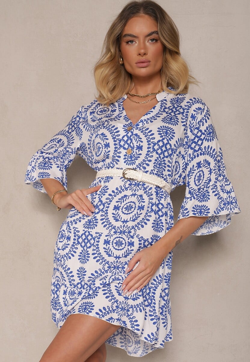 Biało-Czarna Sukienka z Bawełny o Rozkloszowanym Kroju Ozdobiona Guzikami Janivra