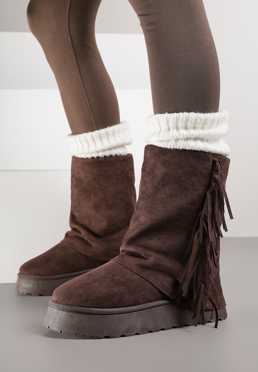 Brązowe Botki Śniegowce z Wywiniętą Cholewką Zdobioną Frędzlami Sewela