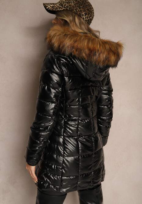 Czarno-Brązowa Kurtka z Pikowaniem i Odpinanym Kapturem Ozdobiona Futerkiem Izarella