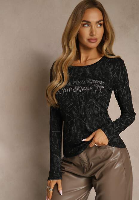 Czarna Bluzka Longsleeve Ozdobiona Geometrycznym Motywem Uninessa