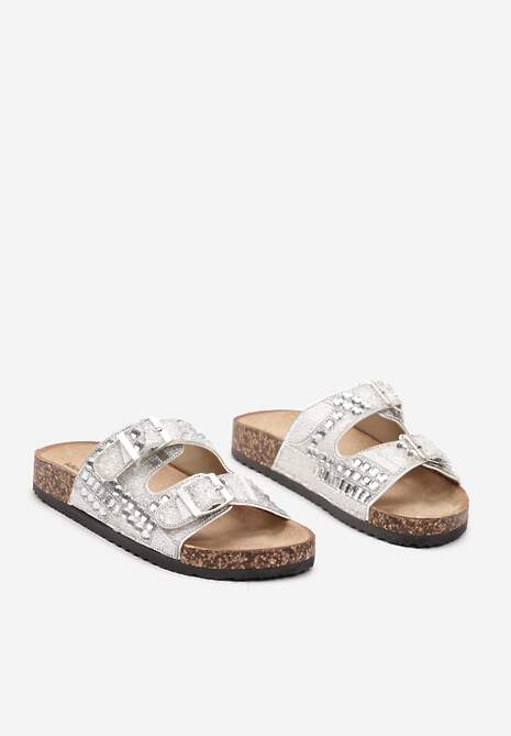 Białe Płaskie Klapki z Imitacji Skóry z Klamrami Ozdobione Cyrkoniami i Kamykami Allenda