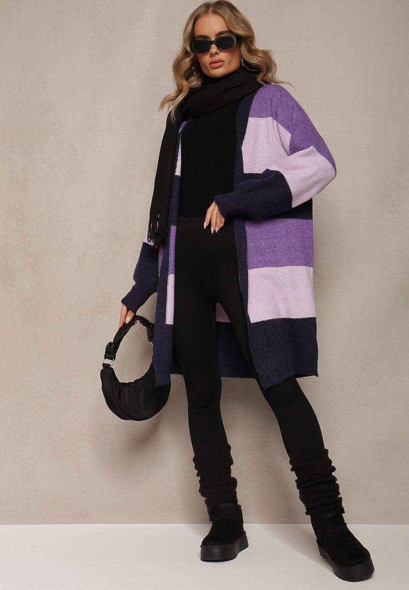 Fioletowy Luźny Kardigan Niezapinany w Paski Blikoze