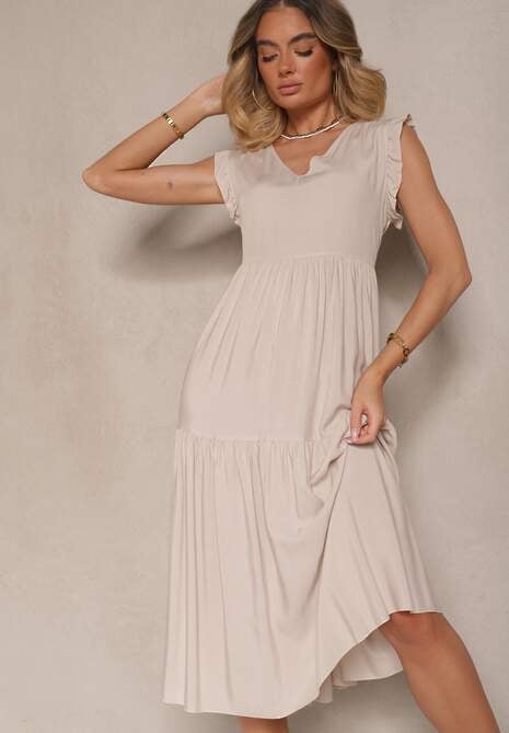 Jasnobeżowa Sukienka z Bawełny z Falbankami Hirlio