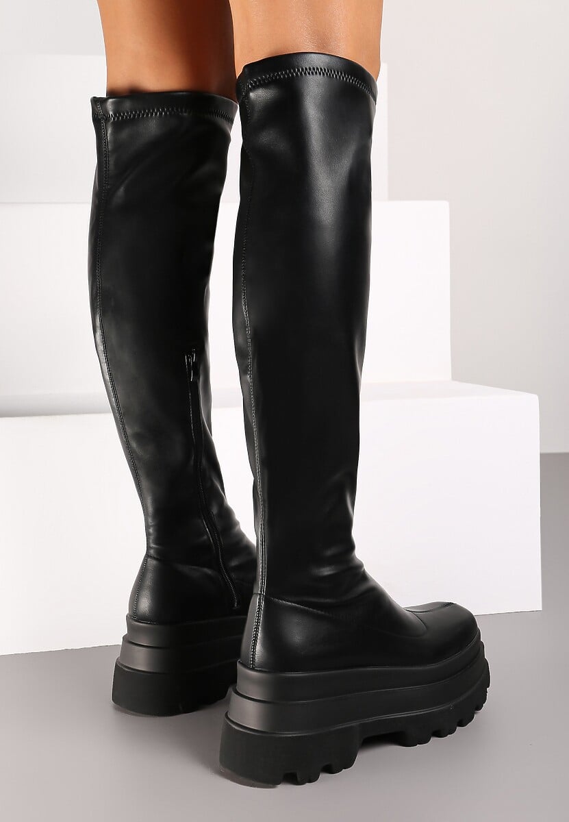 Czarne Caualowe Kozaki w Stylu Muszkieterek na Platformie Leniefra