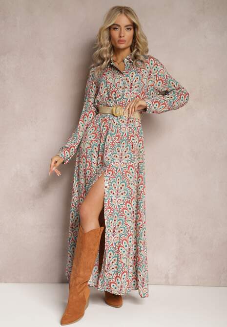 Zielono-Czerwona  Koszulowa Sukienka z Dodatkowym Paskiem i Podpinanymi Rękawami Alonie