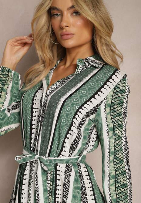 Zielona Wiskozowa Sukienka Koszulowa z Paskiem w Talii Rozkloszowana Urdiasa