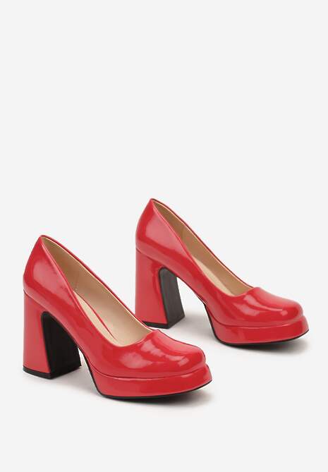 Czerwone Czółenka na Obcasie z Kwadratowym Noskiem i Lakierowanym Połyskiem Viaella