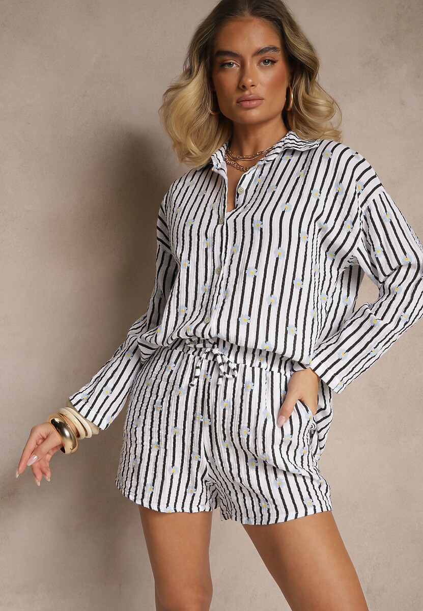 Biało-Czarny Muślinowy Komplet z Bawełny Koszula i Szorty we Wzór w Paski i Kwiaty Sellimi