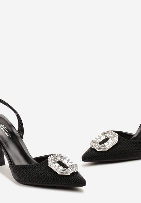 Czarne Sandały z Odkrytą Piętą Ozdobione Metaliczną Wstawką i Cyrkoniami Urushi