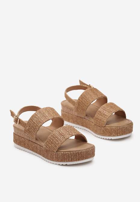 Ciemnobeżowe Sandały na Platformie z Koturnie z Ozdobną Plecionką i Sprzączką Meepora