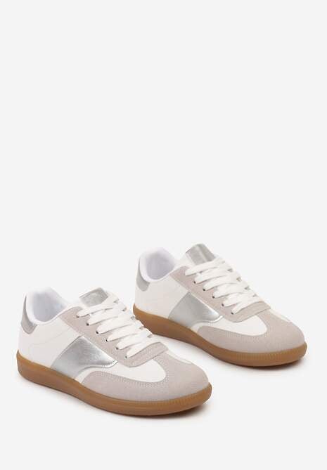 Biało-Srebrne Sneakersy Tenisówki z Klasycznym Sznurowaniem Norio
