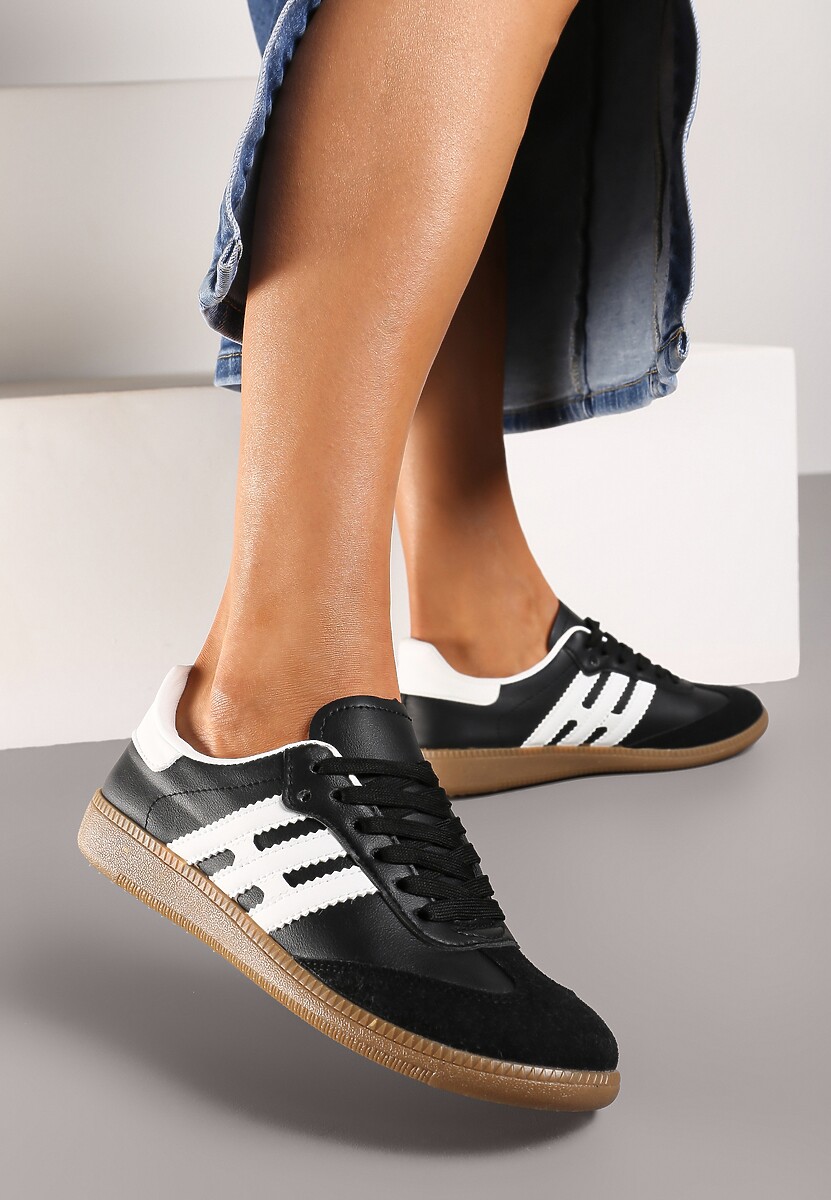 Czarno-Białe Casualowe Sznurowane Sneakersy na Płaskiej Podeszwie z Paskami po Bokach Weiara