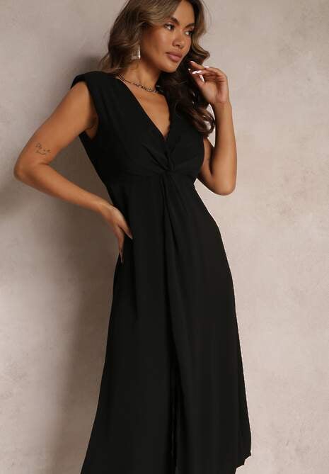 Czarna Midi Sukienka o Rozkloszowanym Fasonie z Ozdobnym Węzłem i Rozcięciem Zanondia