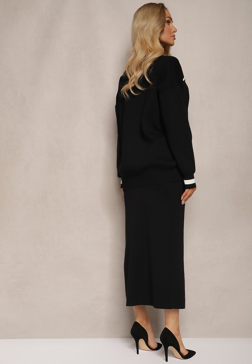 Czarny Wiskozowy Komplet Kardigan na Guziki z Lamówką i Dopasowana Spódnica Tamorin