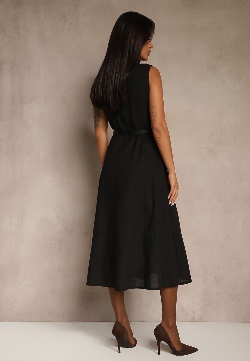 Czarna Rozkloszowana Sukienka z Wiskozą z Paskiem i Guzikami Ulisena