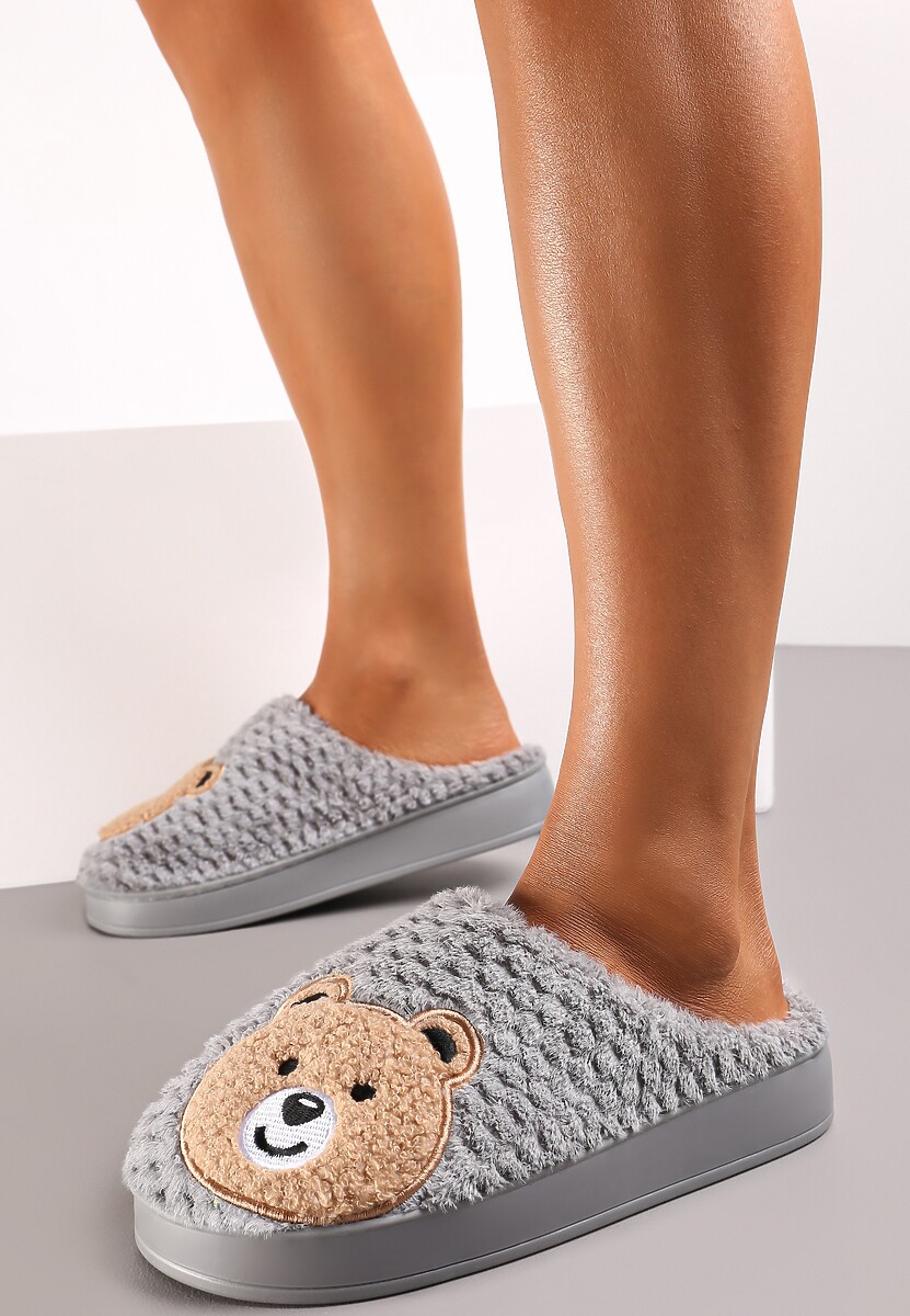 Szare Ocieplone Kapcie z Naszywką w Kształcie Uroczego Misia Garana