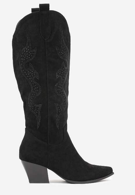 Czarne Kozaki Kowbojki na Stożkowym Obcasie Zdobione Cyrkoniami Nalasania