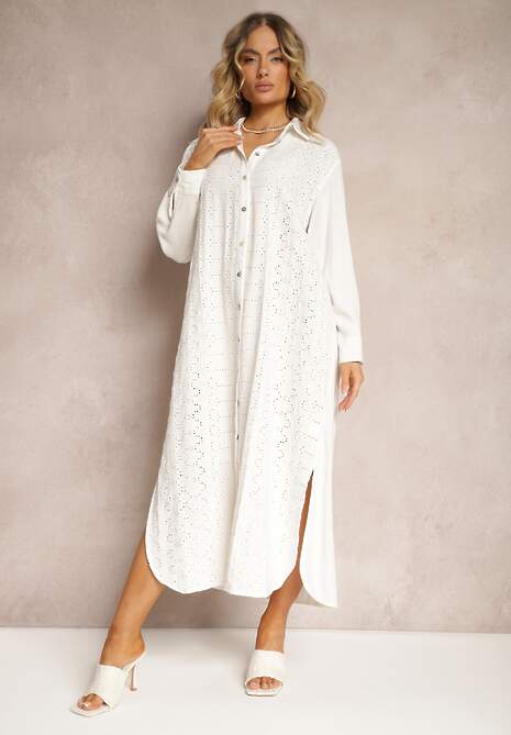 Biała Ażurowa Sukienka o Koszulowym Kroju z Wiskozy i Lnu z Rozcięciami i Guzikami Sannesti