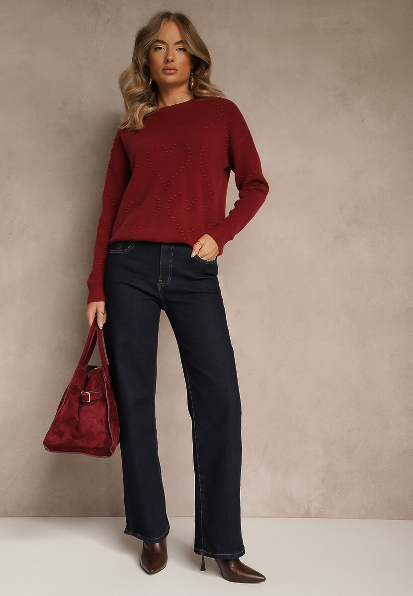 Bordowy Sweter z Tłoczonymi Sercami Unareia