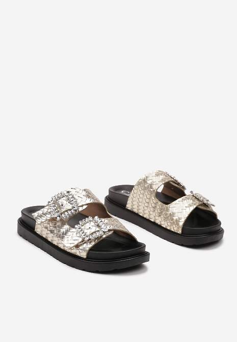 Złote Klapki na Niskiej Platformie z Dwiema Klamerkami i Cyrkoniami Asetia