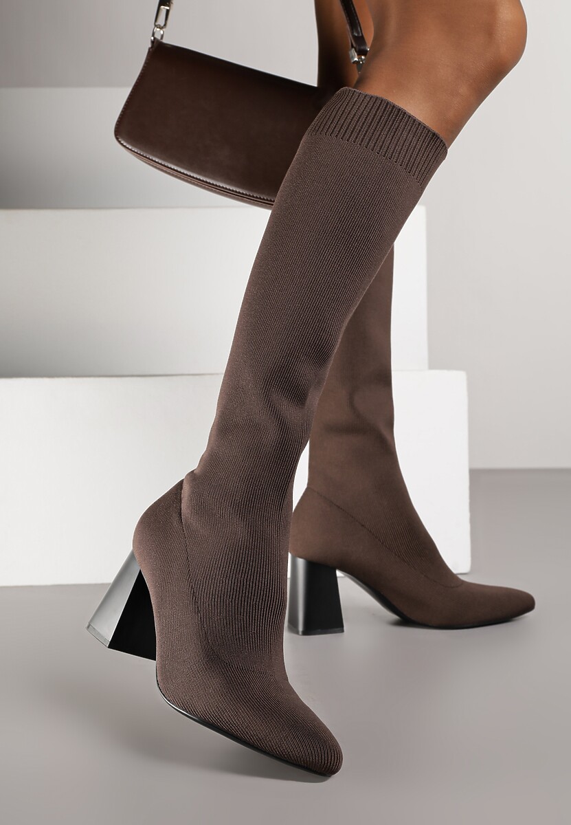 Brązowe Skarpetkowe Kozaki VICES na Słupkowym Obcasie Ralles