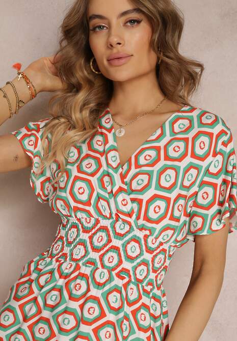 Pomarańczowa Kopertowa Sukienka Mini z Gumką w Talii z Wiskozy Samata