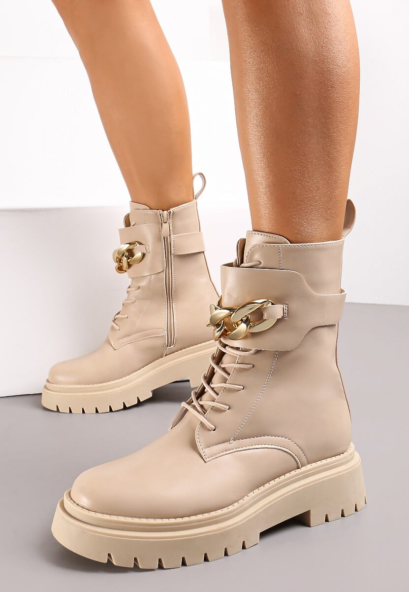 Beżowe Sznurowane Botki Typu Workery na Platformie z Ozdobnym Łańcuchem Barna