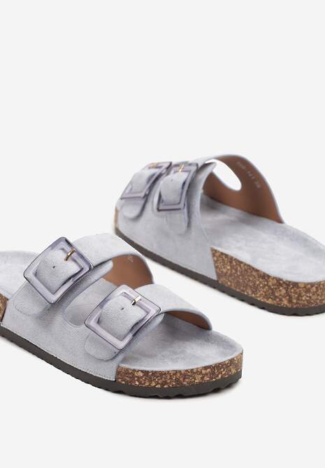 Niebieskie Klapki na Korkowej Platformie z Klamrami Teloniel