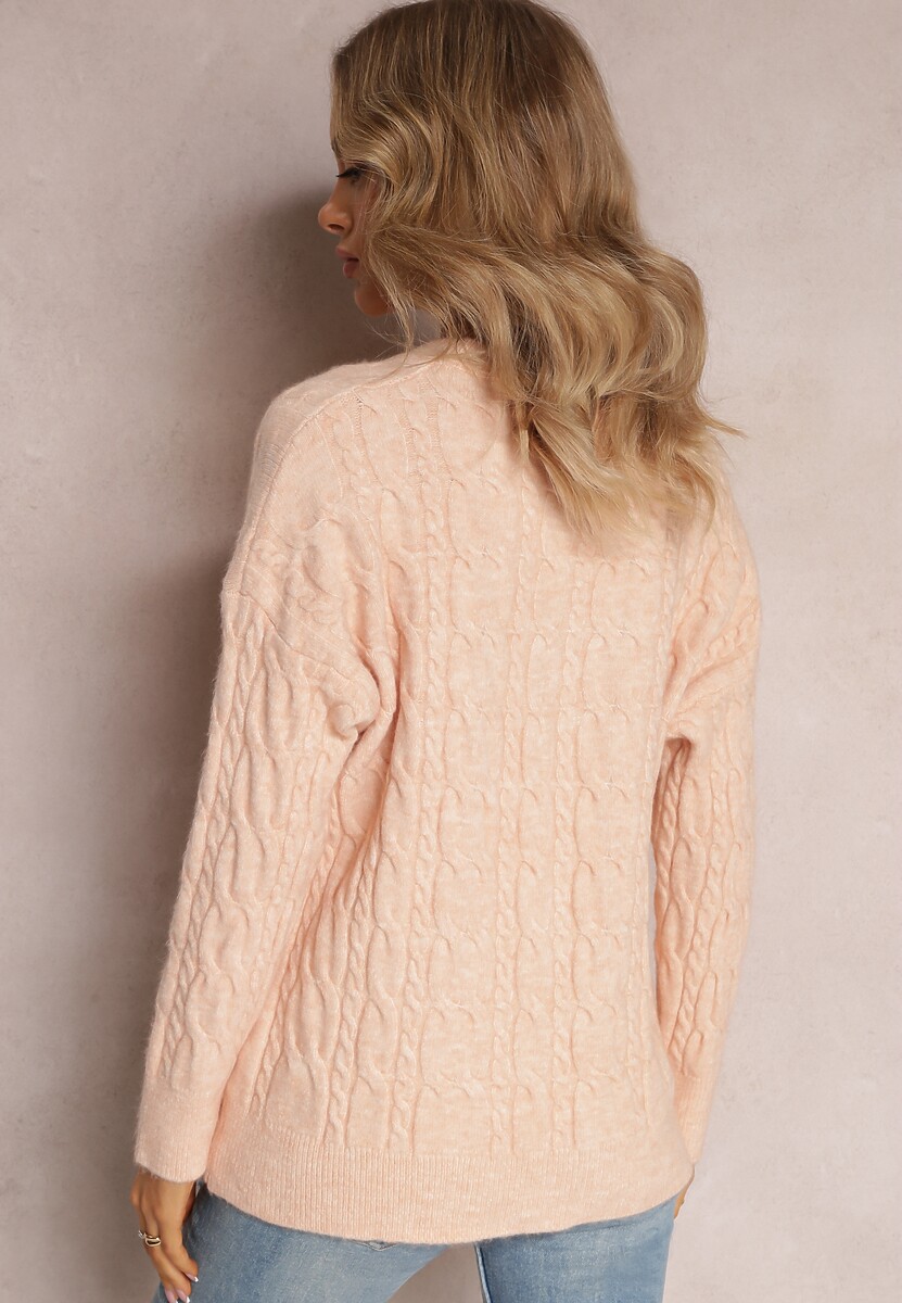 Jasnopomarańczowy Sweter z Okrągłym Dekoltem i Splotem w Warkocze Dawnitta