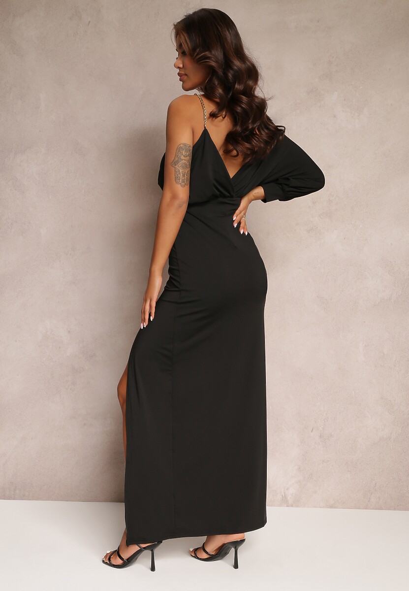 Czarna Asymetryczna Sukienka z Gumką w Pasie i Łańcuszkiem Przy Ramieniu Jisse