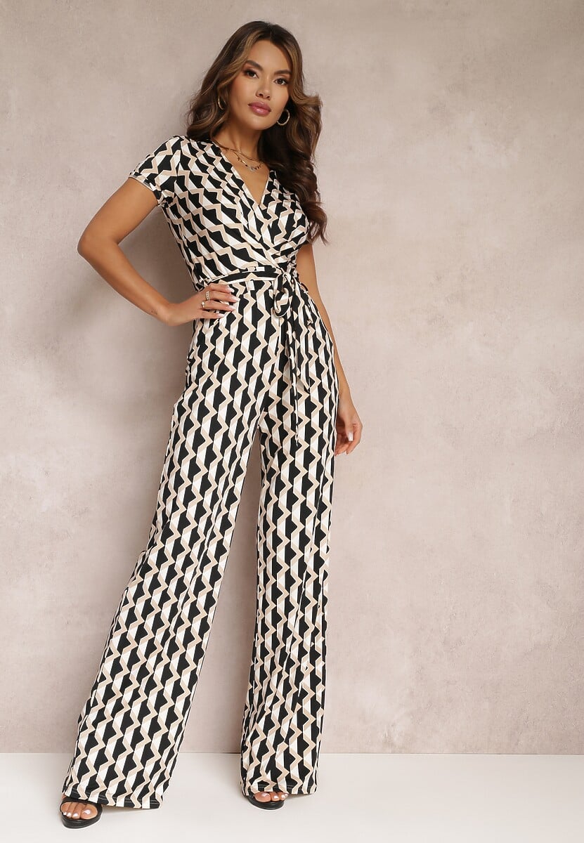 Beżowy Kopertowy Kombinezon w Geometryczny Wzór z Wiązanym Paskiem Anaba