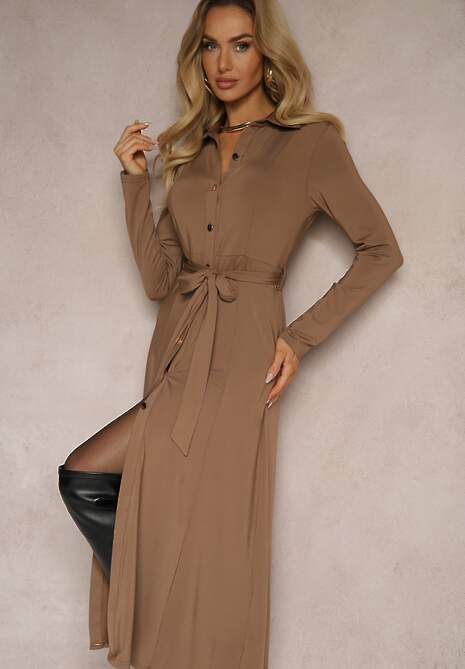 Ciemnobeżowa Długa Sukienka Koszulowa z Wiązaniem w Talii Levae