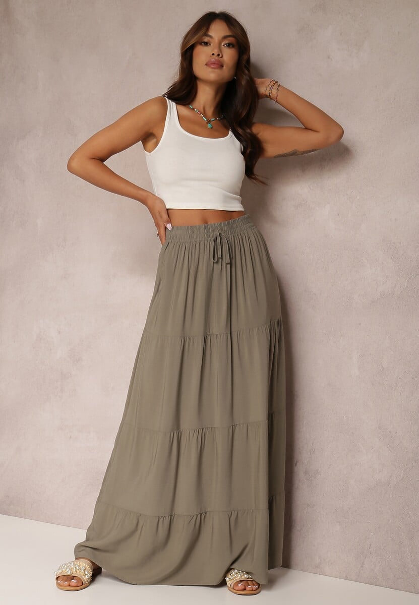 Ciemnozielona Spódnica z Bawełny o Rozkloszowanym Kroju Kainne