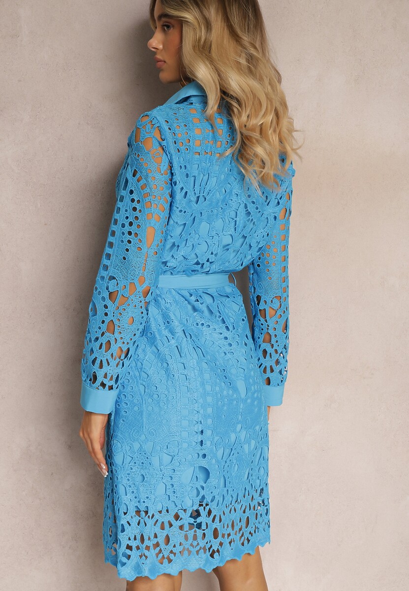 Niebieska  Koszulowa Sukienka Mini z Ażurowej Koronki i Paskiem Norila