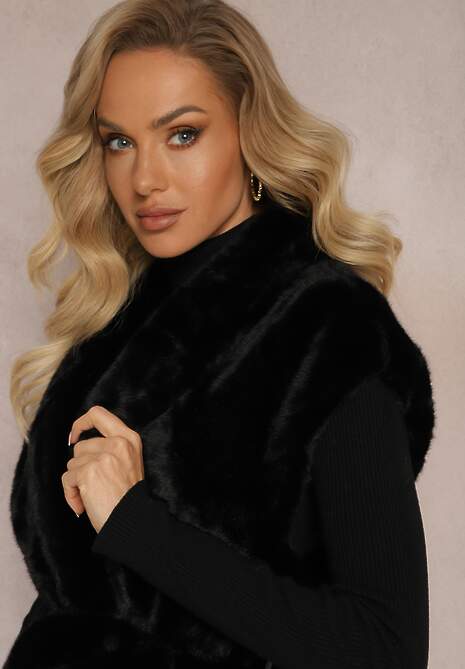 Czarna Futrzana Kamizelka przed Kolano z Wiązanym Paskiem Sophronia