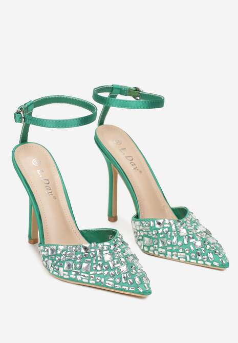 Zielone Sandały na Szpilce z Cyrkoniami i Sprzączką Adatine