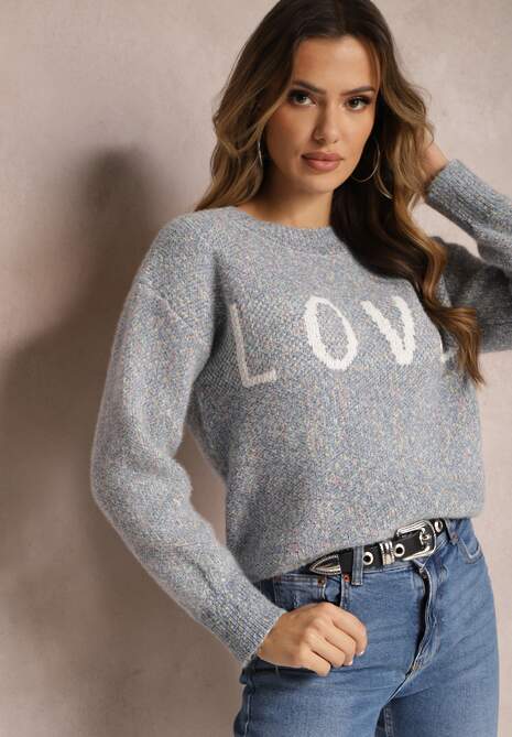 Granatowy Sweter z Ozdobnym Napisem Wykończony Ściągaczami Minisoji