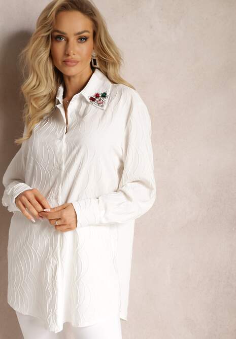 Biała Koszula z Ozdobnymi Kryształkami na Kołnierzyku Savila