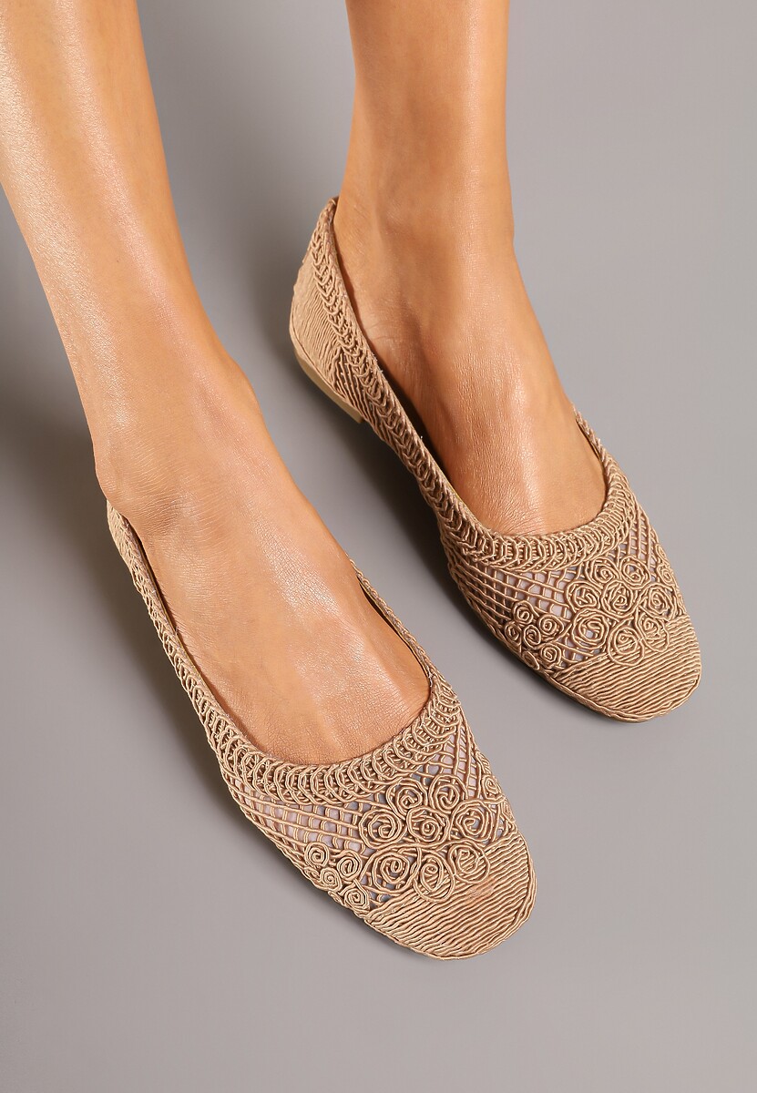 Ciemnobeżowe Balerinki Ozdobione Siateczką Landeora