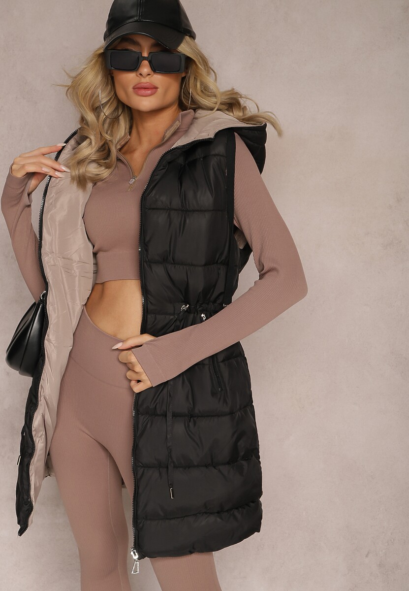 Czarna Pikowana Kamizelka Dwustronna z Troczkiem w Pasie o Wydłużonym Fasonie Selinorda